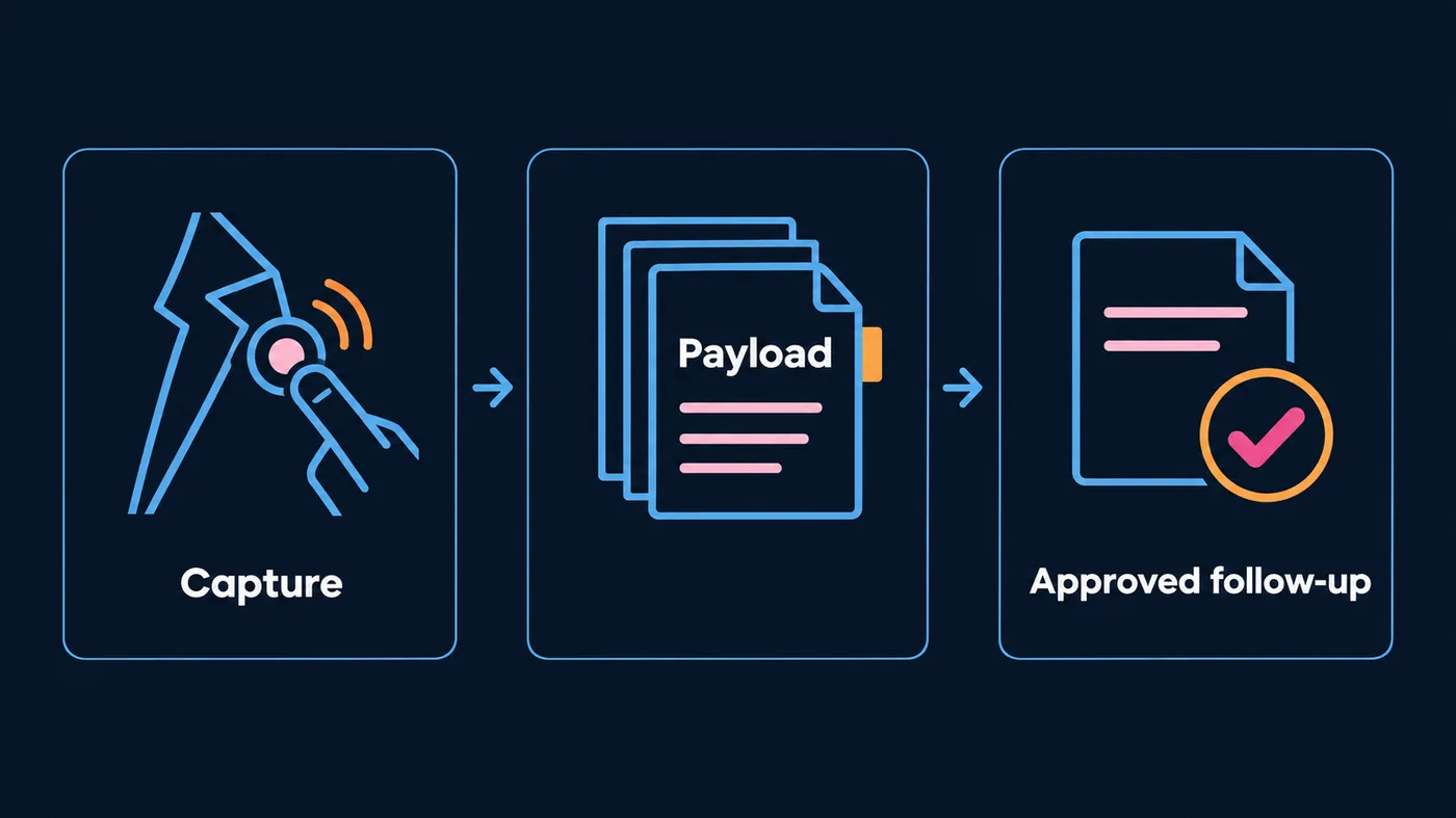 Three-step diagram: Capture, Payload, then approved follow-up