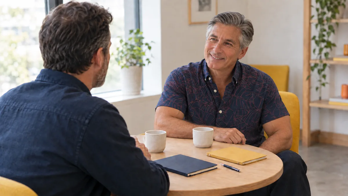 Two people talking at a table after a meeting, notebooks closed