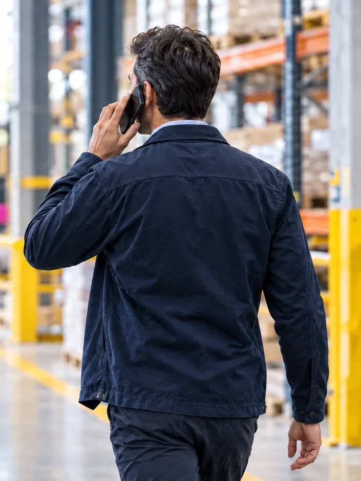 Leader walking a warehouse floor on a phone call without taking notes